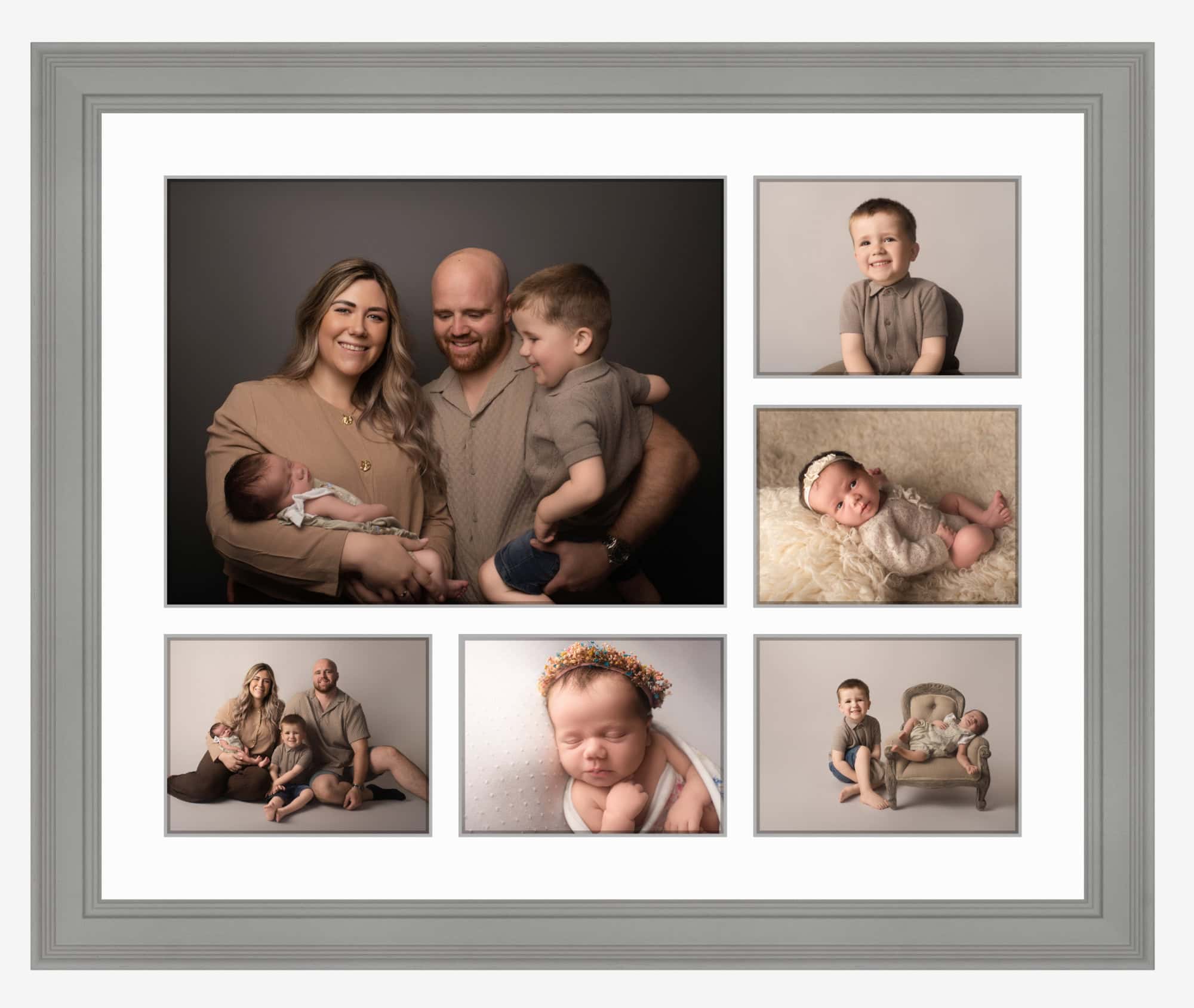 Framed multi-aperture newborn and family photograph display from a Derbyshire newborn session